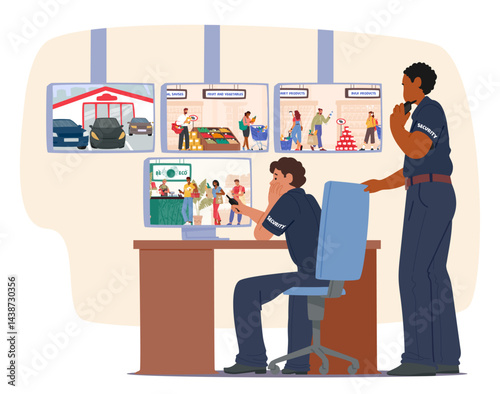 Guards from security team monitoring surveillance camera in department store for theft prevention