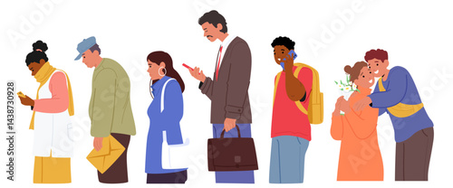 Different people cartoon characters using gadgets, thinking, flirting while going on walk or at work