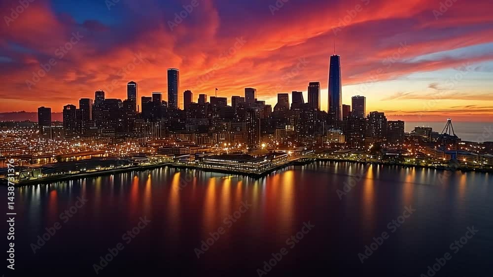 Seattle Skyline at Sunset: A fiery spectacle over the Puget Sound Seattle Skyline at Sunset: A fiery spectacle over the Puget Sound