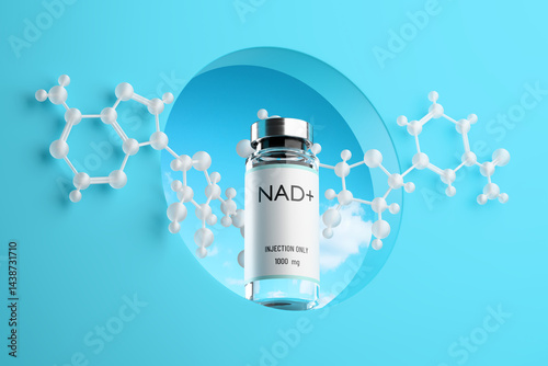 Bottom view of molecular structure NAD+ and ampoule with solution for injection in the hole on blue background. Concept of anti-aging therapy and life extension. 3d render, illustration.