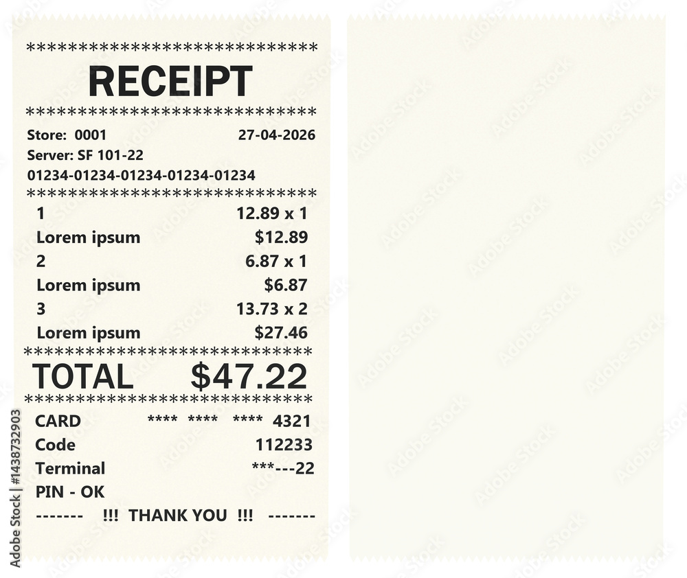 Printed receipts, bills. Check from shop and blank template mockup of receipt. 3D rendering isolated on transparent background