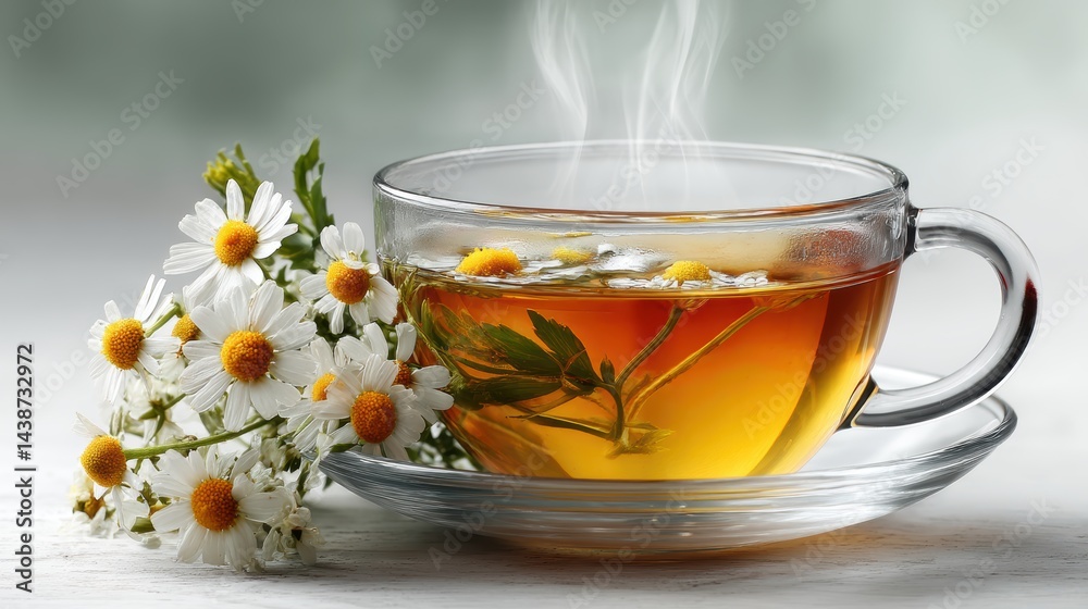 a steaming cup of fresh chamomile tea with a calming aroma on a white isolated background, soothing and delicate design a steaming cup of fresh chamomile tea with a calming aroma on a white isolated background, soothing and delicate design
