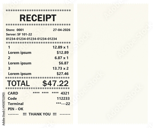 Obraz na płótnie Printed receipts, bills. Check from shop and blank template mockup of receipt. 3D rendering isolated on transparent background w salonie