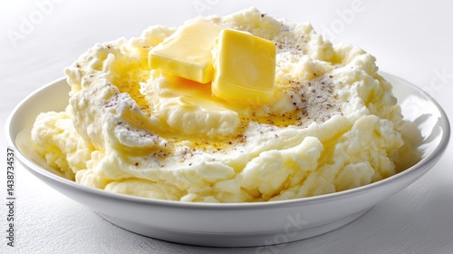 a steaming plate of creamy mashed potatoes with a pat of butter on top on a white isolated background, comforting and smooth design