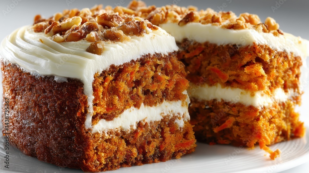 Fototapeta premium a close-up of a rich slice of carrot cake with cream cheese frosting on a white isolated background, moist and indulgent design