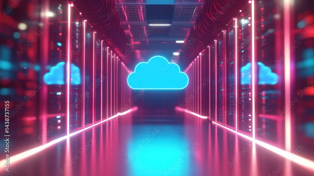 Obraz premium Cloud data center servers, neon lights, digital storage
