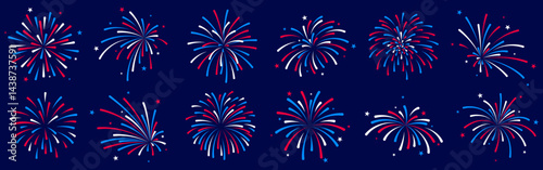 USA fireworks set, 4th July fireworks icons, blue and red