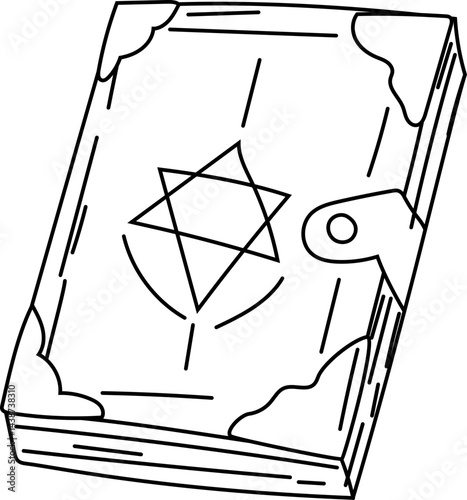 Hand-drawn spell book illustration in black and white line art style for magic, witchcraft, and fantasy artwork.