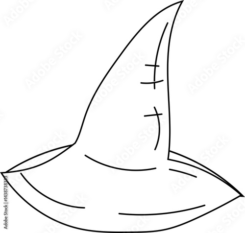 Hand-drawn black and white line art illustration of a witch's hat for fantasy, magic, and Halloween designs.
