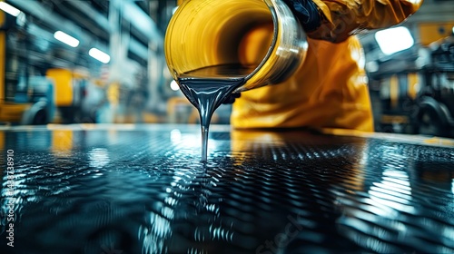 Person pouring epoxy resin onto a woven carbon fiber reinforcement cloth, part of the manufacturing process.