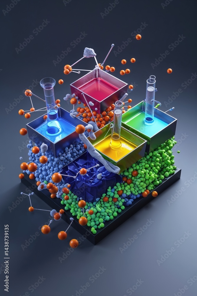 Obraz premium Abstract Molecular Chemistry Experiment with Colorful Liquids