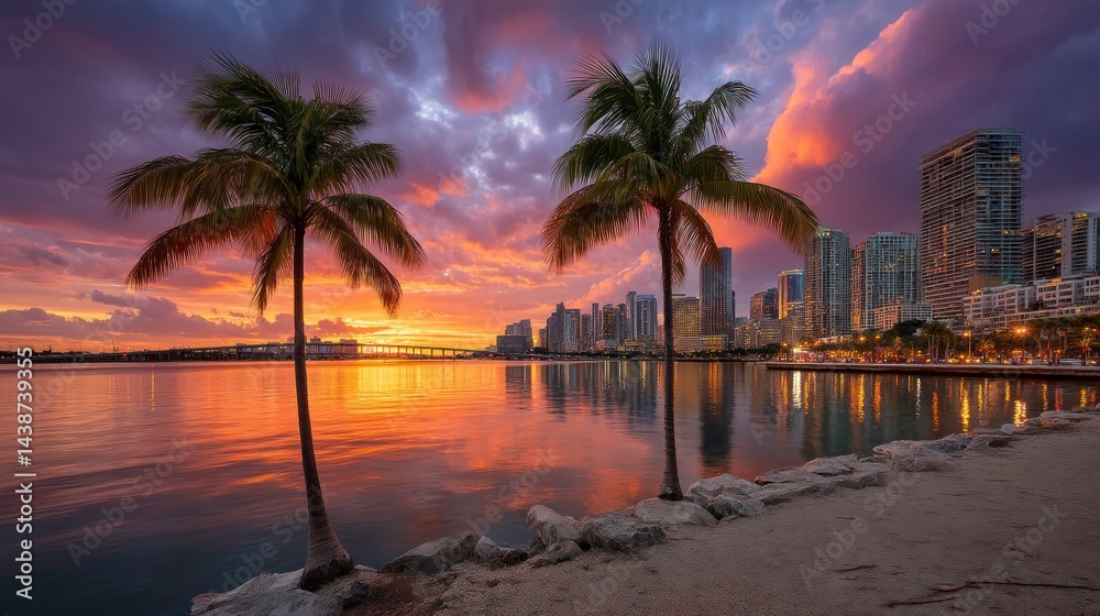 Obraz premium Dramatic sunset over Miami city skyline reflected in calm water, with palm trees
