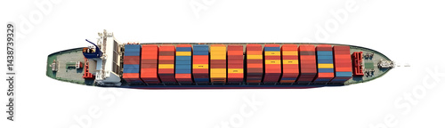 top view of colorful container ship isolated on white background 
