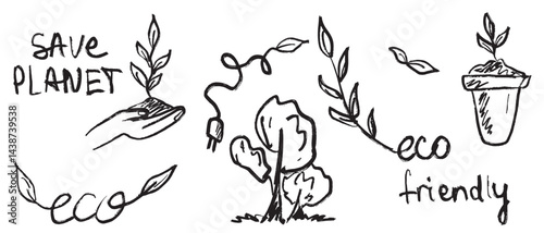 Hand drawn eco friendly illustration Save Planet, plant hand, vine art, plug tree, ecology symbol in black brush stroke texture isolated on white. Vector sketch illustration in vintage charcoal ink