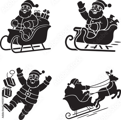 Santa Claus in  Sleigh silhouette set vector illustration isolated On Transparent Background