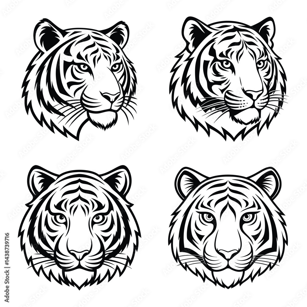 Fototapeta premium Four Black and White Tiger Head Illustrations