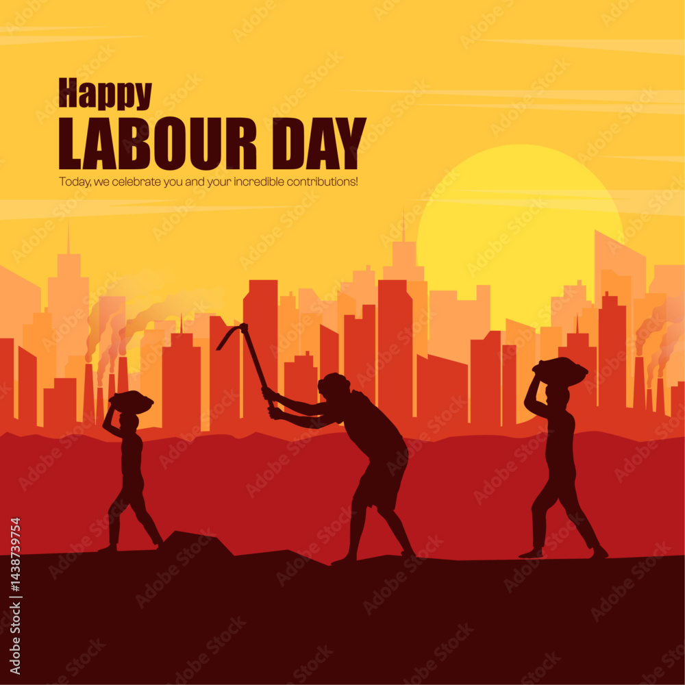Fototapeta premium Happy Labour Day Social Media Post Design with Illustration of Workers Silhouette infront of Cityscape. 1st May a Special day for Workers.