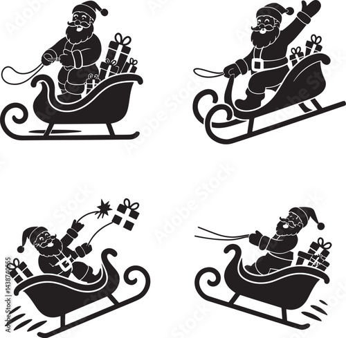 Santa Claus in  Sleigh silhouette set vector illustration isolated On Transparent Background