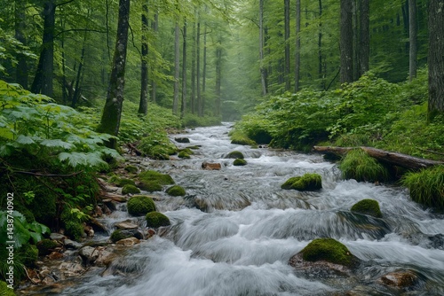 Serene forest stream flowing through lush green landscape on a tranquil day