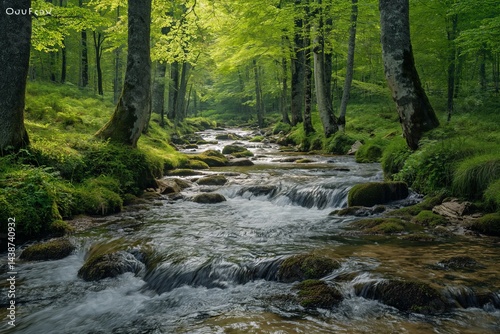Serene forest stream flowing through lush green landscape on a tranquil day
