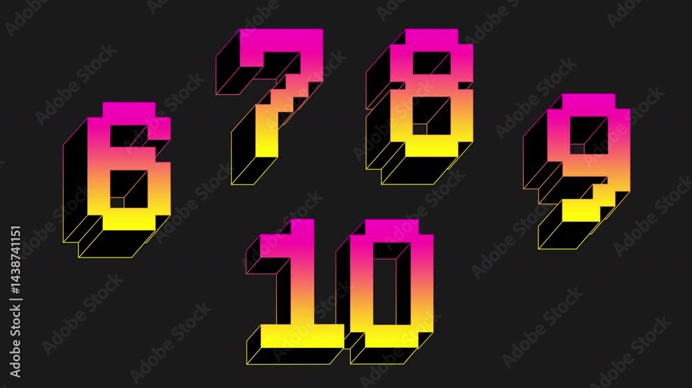 Pixel animated numbers 6, 7, 8, 9, 10 on a transparent alpha channel. Voxel neon gradient iridescent typefaces, push the putton click animation