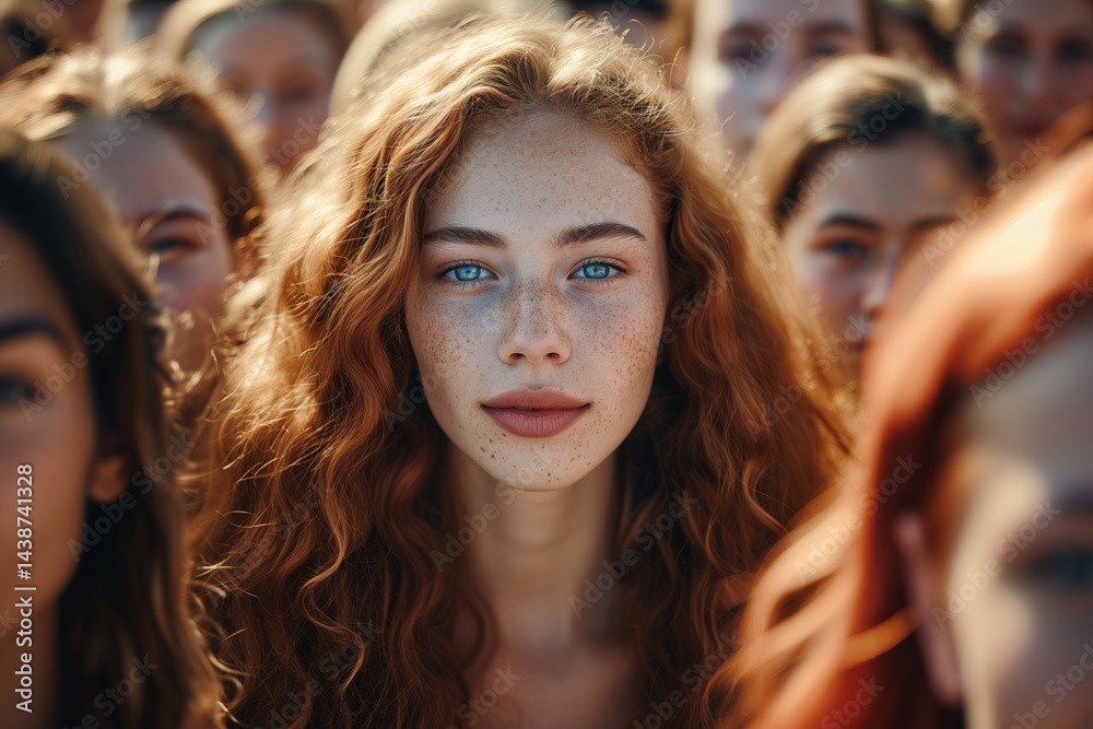 Fototapeta premium Captivating red-haired woman stands out in a crowd of women with diverse hairstyles and expressions outdoors