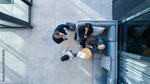 Fotografie Business people, above and meeting in office with collaboration, financial pitch with document for strategy