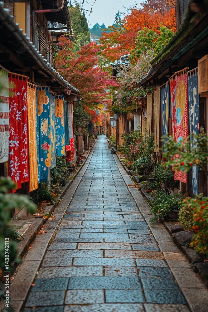 Fototapeta premium Wander through the charming streets of Kyoto adorned with vibrant autumn colors and traditional fabrics