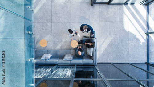 Business people, above and strategy in office with collaboration, financial pitch with document for meeting. Top view, tax accountant and table teamwork with budget paper for economy in building