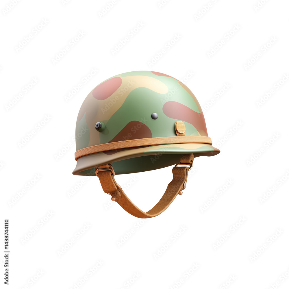 A camouflage military helmet featuring a patterned design and a strap for secure wear. A camouflage military helmet featuring a patterned design and a strap for secure wear.