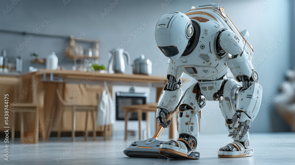Fototapeta premium Robot vacuuming floor in modern kitchen during daytime with sunlight streaming through windows