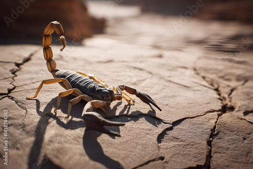 A scorpion standing tall on a cracked rock, its tail raised in warning. The surrounding desert floor is dry and rugged, with sharp shadows emphasizing the scorpions form.