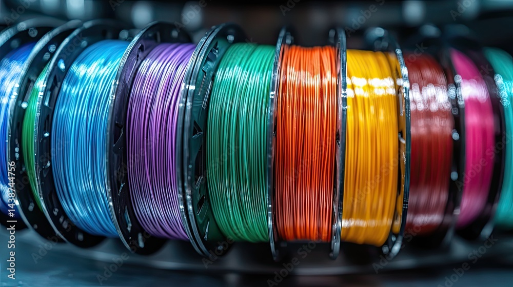 Obraz premium Row of colorful 3D printing filament PLA materials on environmentally-friendly spools, isolated.