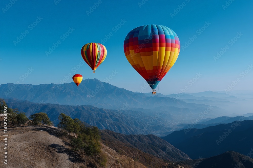 Fototapeta premium Colorful Hot Air Balloons Drifting Over Clear Sky and Mountain Range