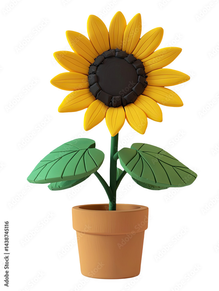 Obraz premium Adorable cartoon sunflower in a terracotta pot bright yellow petals 3d joy on transparent background