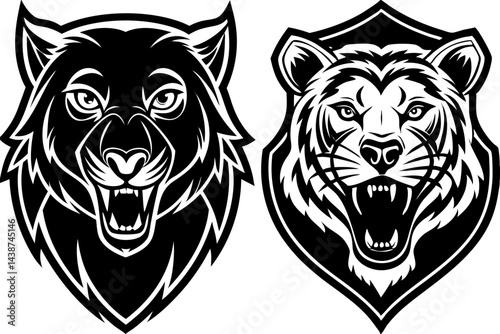 Powerful wild animal head vector illustrations for tattoo designs featuring lions, tigers, and other predatory felines
