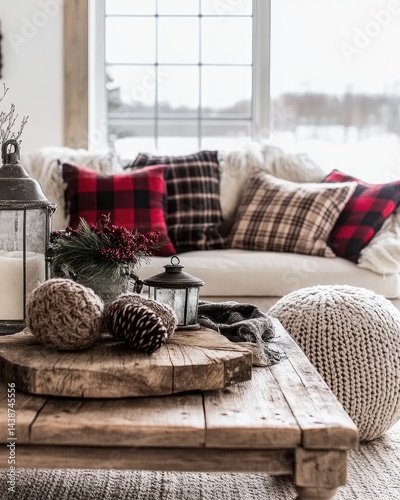 Rustic winter living room with plaid pillows, wooden coffee table, and snowy window view.