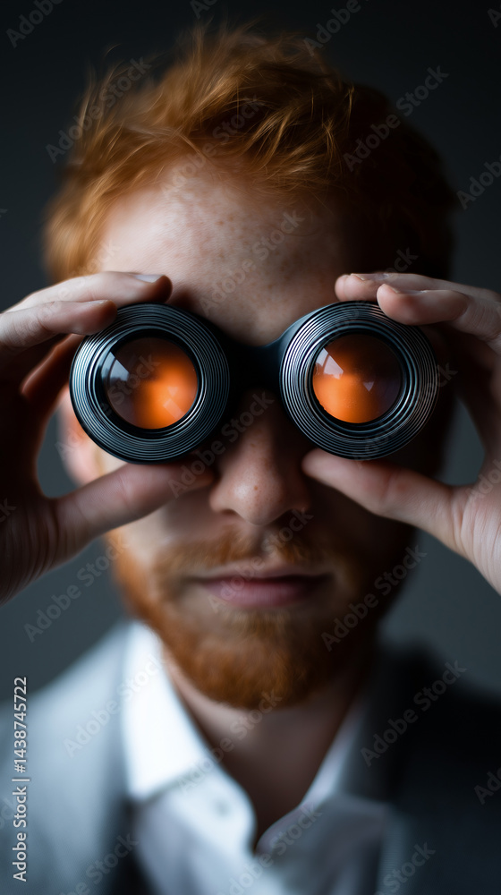 Mann mit Fernglas und orangefarbenen Reflexionen im dunklen Studio