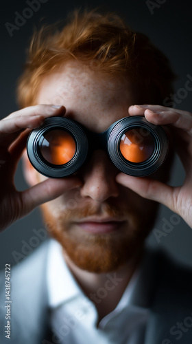 Obraz na płótnie Mann mit Fernglas und orangefarbenen Reflexionen im dunklen Studio w salonie
