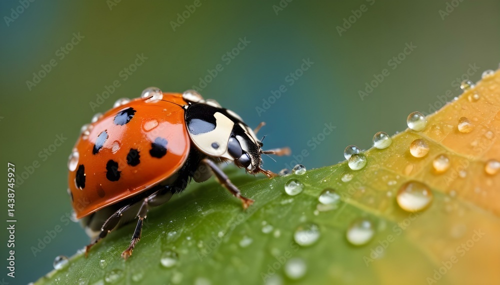 Fototapeta premium A detailed macro shot of a ladybug covered with droplets on a leaf, showcasing natural beauty.