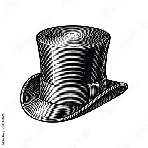 Vintage Top Hat Illustration – Engraving Style Artwork, drawn in an engraved, woodcut style with fine details sketch engraving vector illustration. Scratch board imitation. Black and white image.