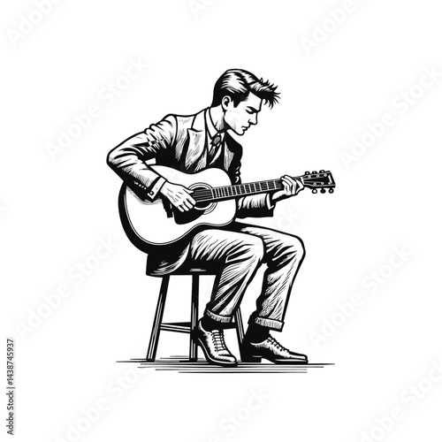 Vintage Guitarist in Suit – Black and White Engraving, drawn in an engraved, woodcut style with fine details sketch engraving vector illustration. Scratch board imitation. Black and white image. 