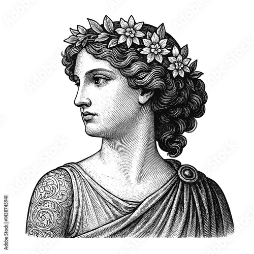 Detailed Classical Portrait of Woman with Floral Crown – Engraving Art, drawn in an engraved, woodcut style with fine details sketch engraving vector illustration. Scratch board imitation. 