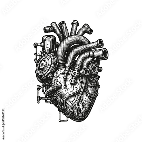 Mechanical Heart with Tubes – Detailed Engraving Style, drawn in an engraved, woodcut style with fine details sketch engraving vector illustration. Scratch board imitation. Black and white image. 