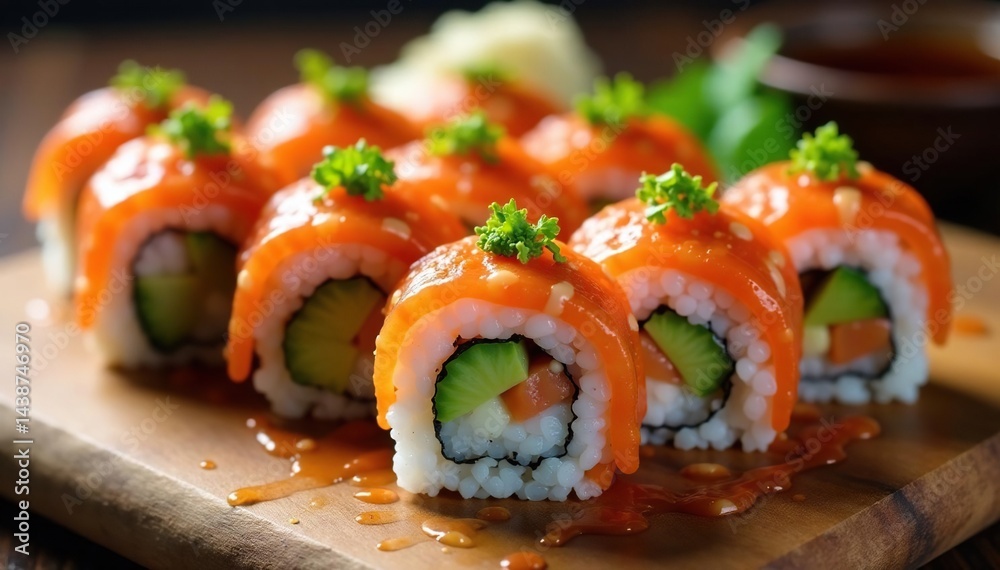 Variety of sushi rolls, wasabi, ginger, soy sauce, appetizing, cuisine Variety of sushi rolls, wasabi, ginger, soy sauce, appetizing, cuisine