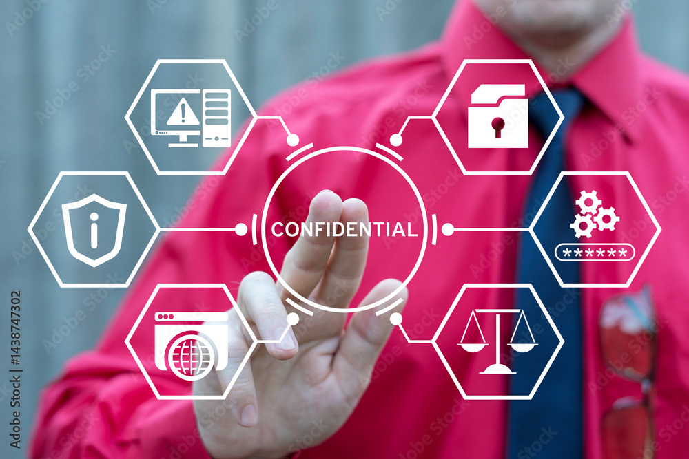 Confidential document, privacy protection or secret secured lock, safety or security to archive file or document, accessibility control concept. Confidential data.