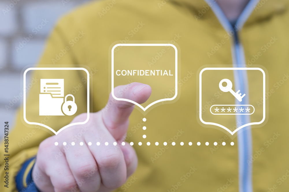 Person using virtual touch screen push text: CONFIDENTIAL. Confidential data, privacy protection, safety and security information, accessibility control concept.