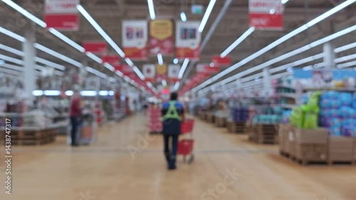Supermarket, blurred background, store employees and customers walking in the background.