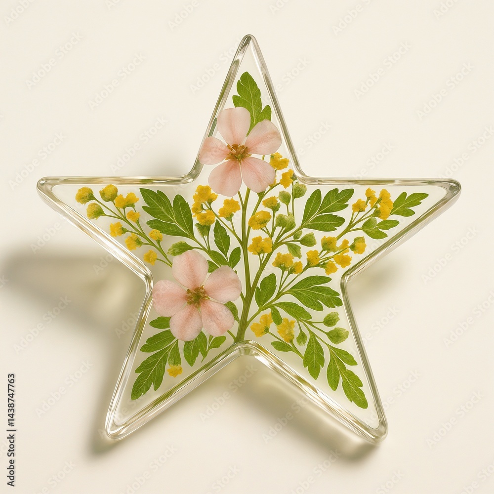clear glossy resin star with floral pattern in soft tones