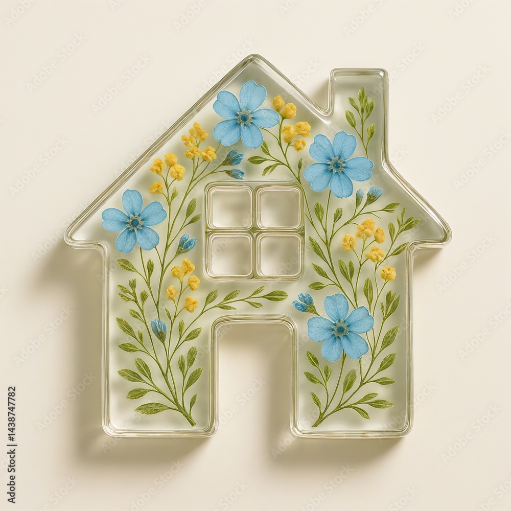 clear glossy resin house with floral pattern in soft tones